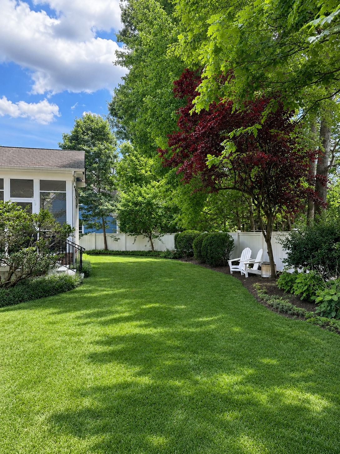 Fenced backyard lawn with mature trees, landscaped borders, and Adirondack seating