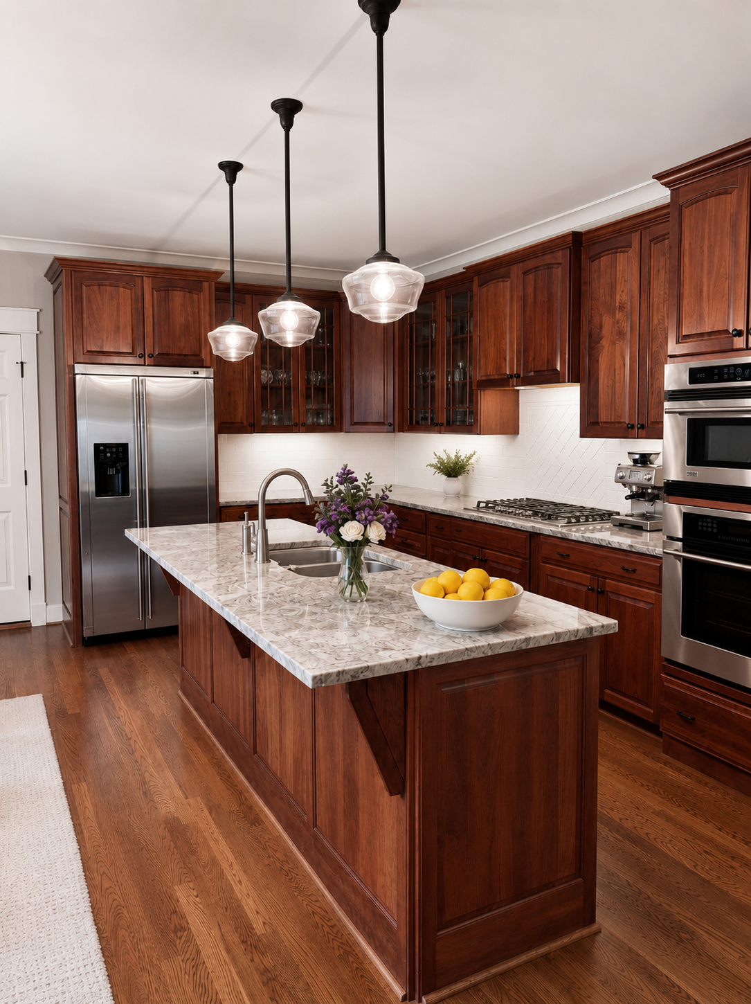 Kitchen with cherry cabinetry, marble-topped island, stainless appliances, and schoolhouse pendant lighting