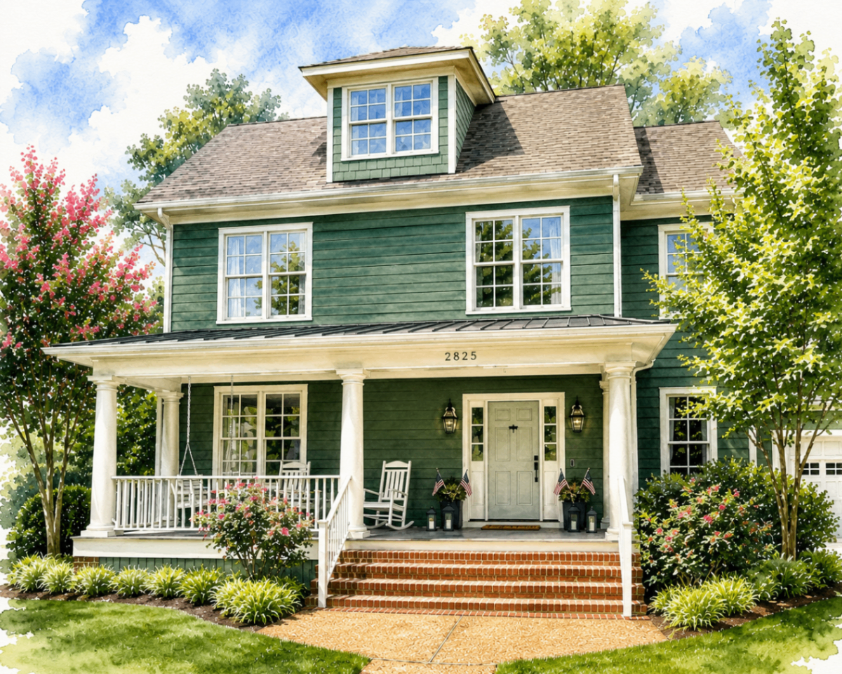 Watercolor sketch of The Live Oak House at 2825 Live Oak Lane