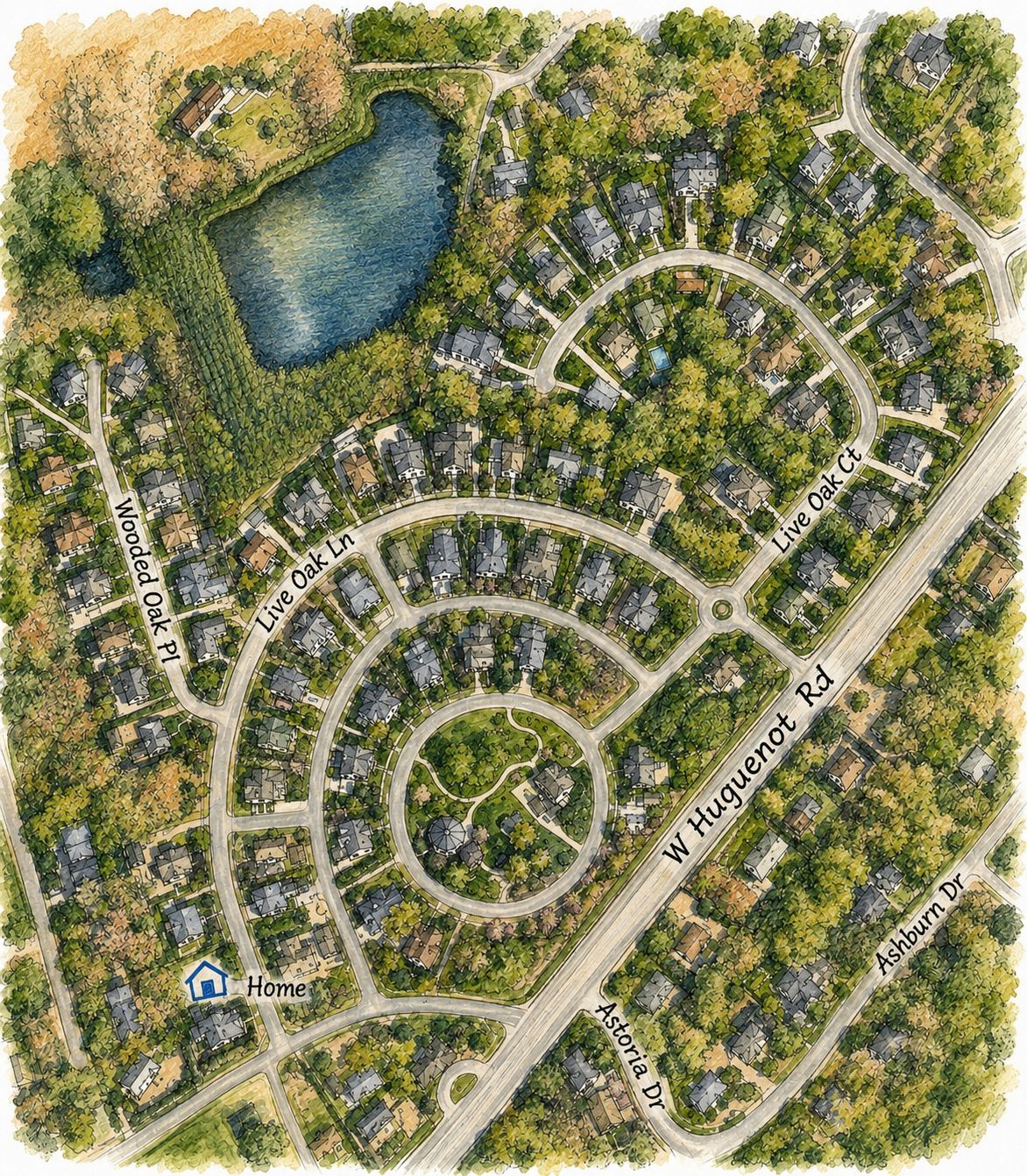Hand-illustrated watercolor map of the Oak Park neighborhood showing the location of The Live Oak House