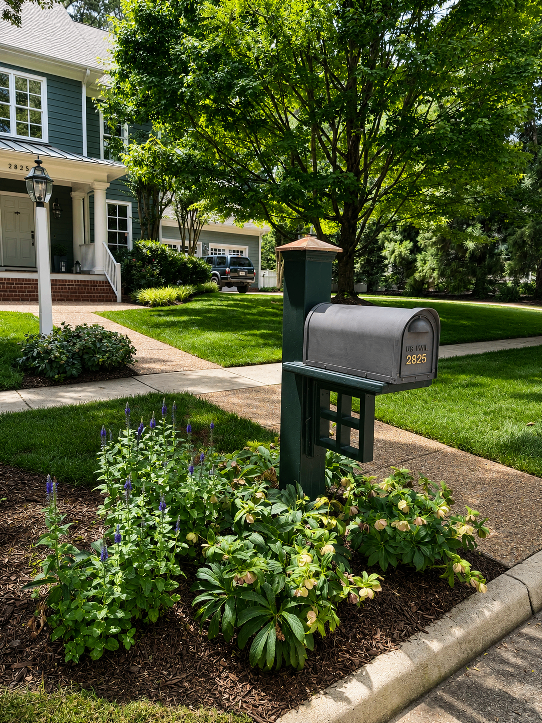 Mailbox and front garden bed at the curb with mature trees and manicured landscaping