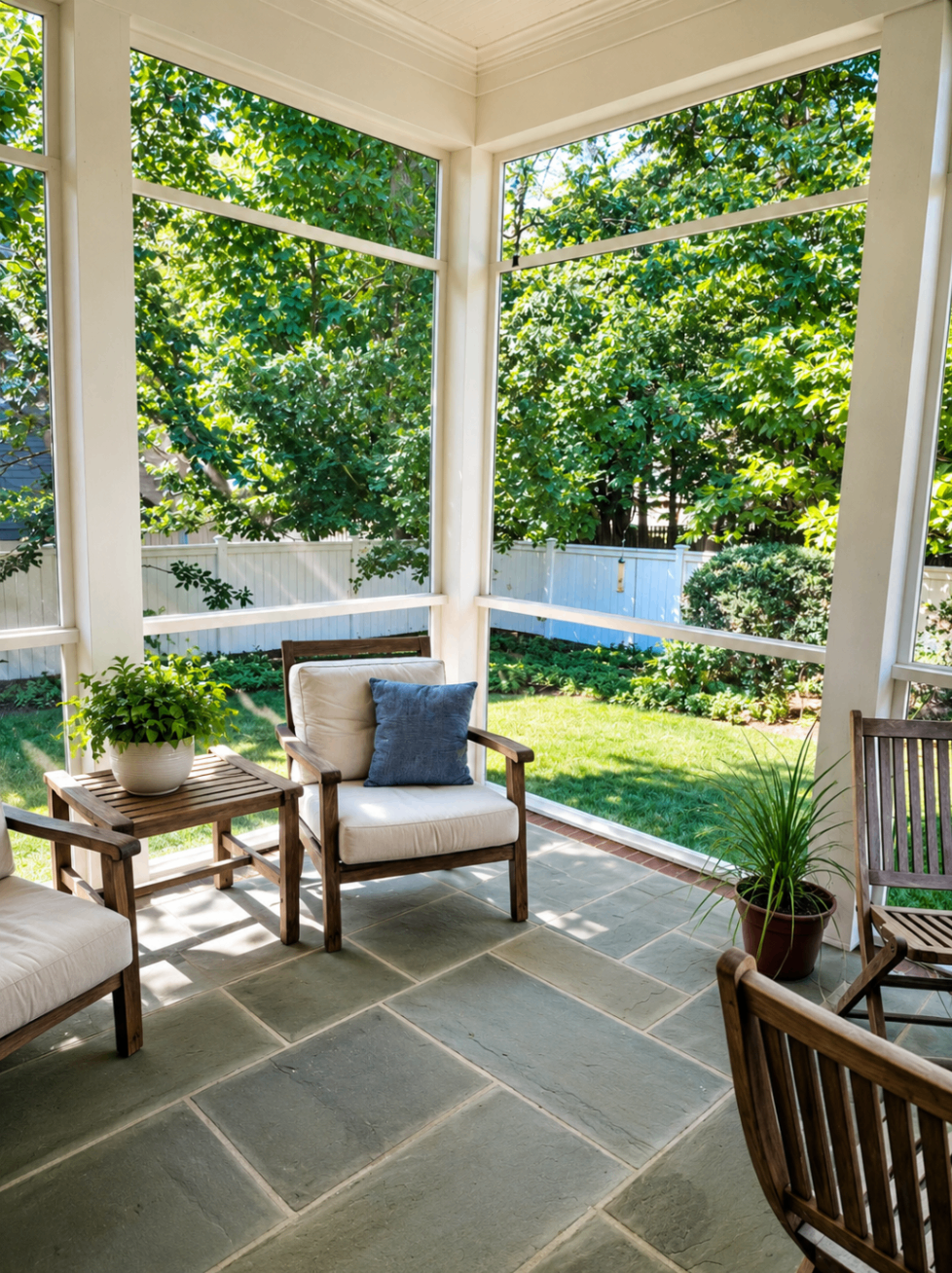 Screened porch with comfortable seating and garden views