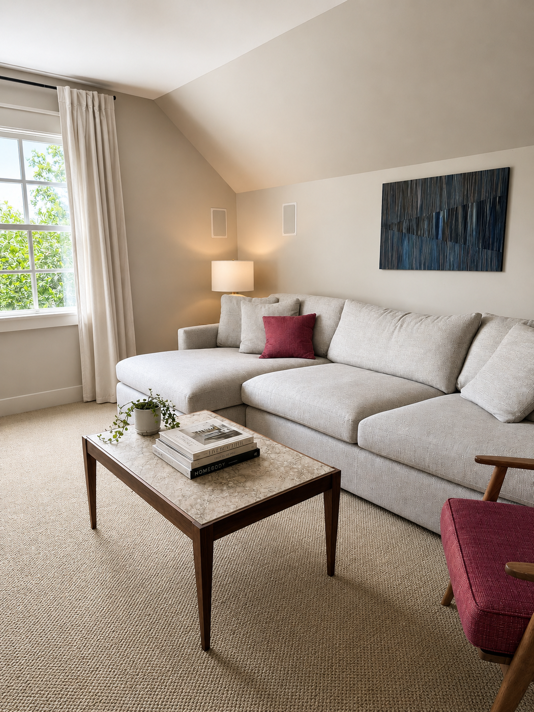 Entertainment room sectional sofa with marble coffee table and contemporary art