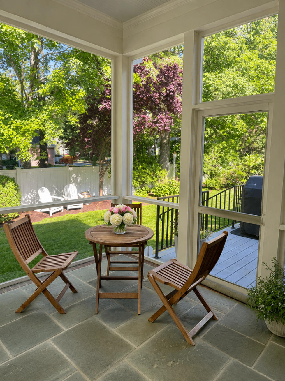 Screened porch breakfast setting and grill access