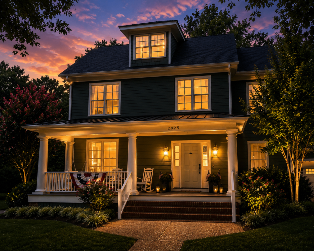 Twilight exterior view of the home at 2825 Live Oak Lane