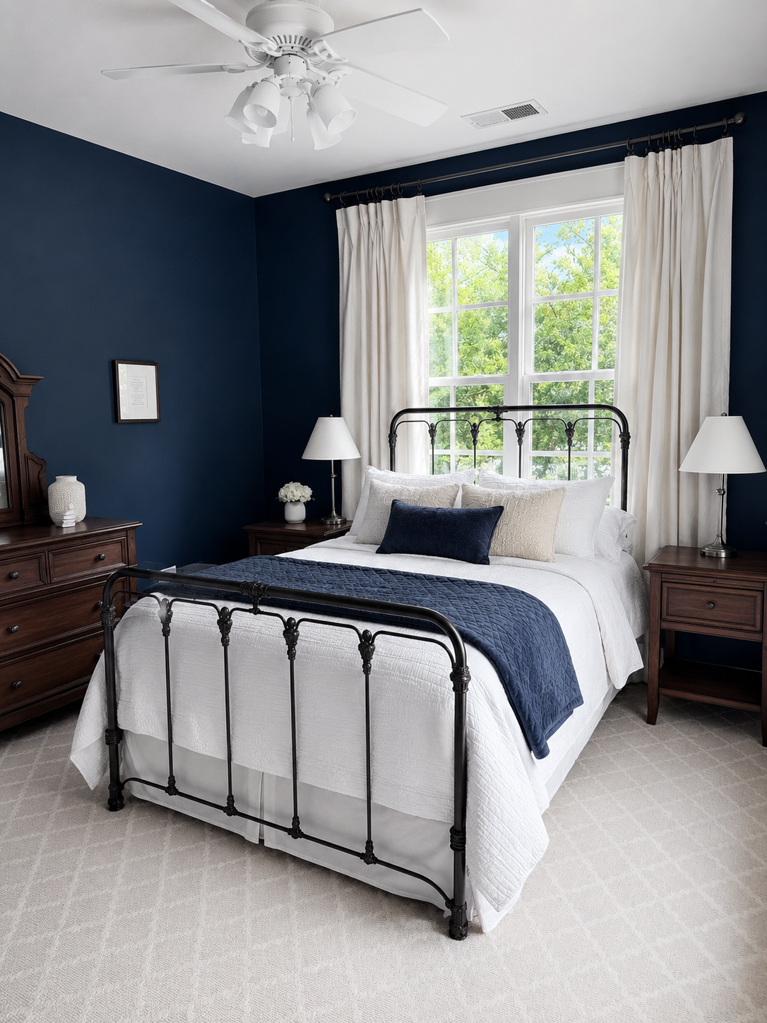 Second mid-level bedroom with navy walls, iron bed frame, white quilted bedding, and matching wood nightstands