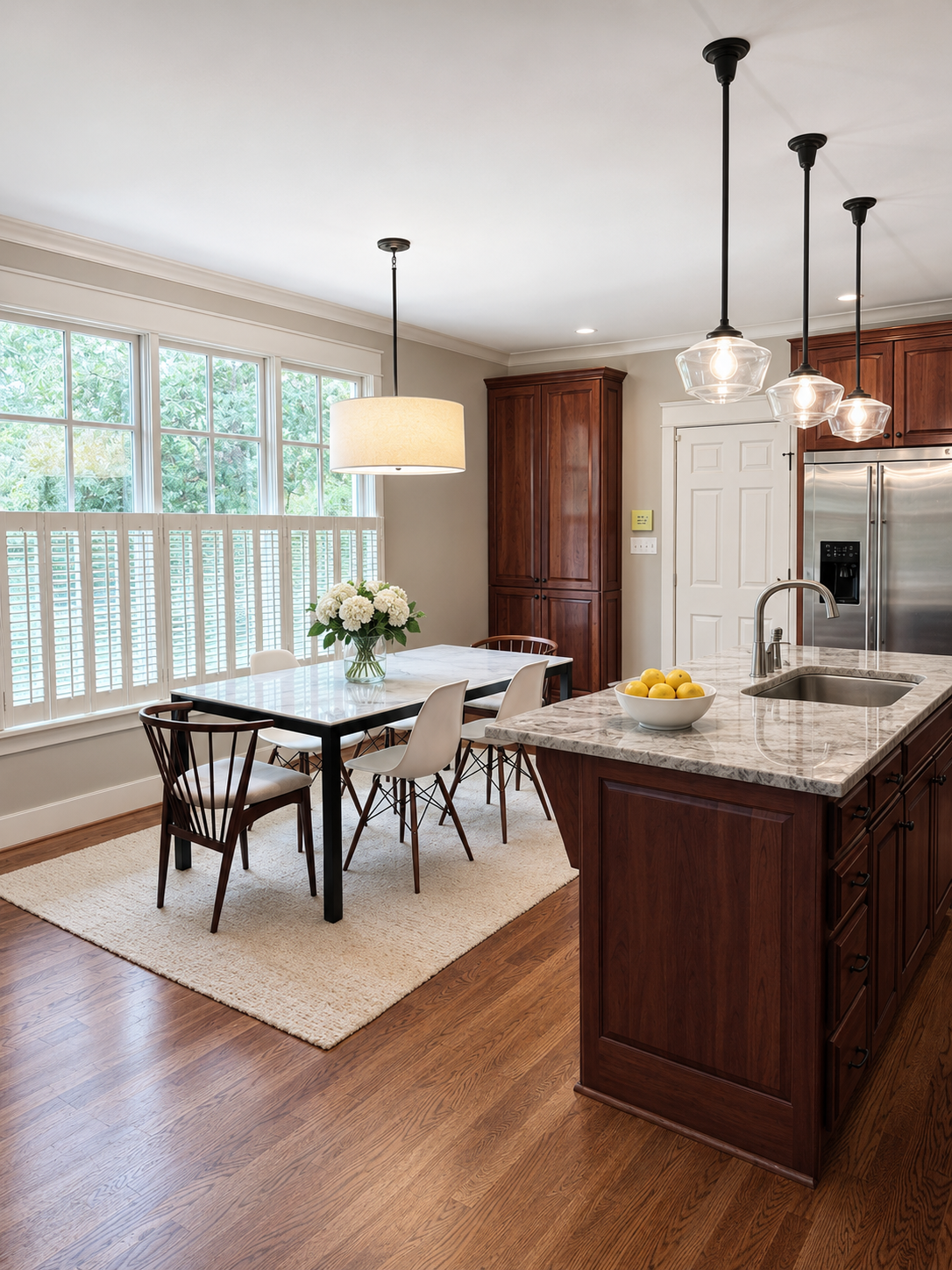 Kitchen breakfast area with marble table, plantation shutters, and pendant lighting beside the island
