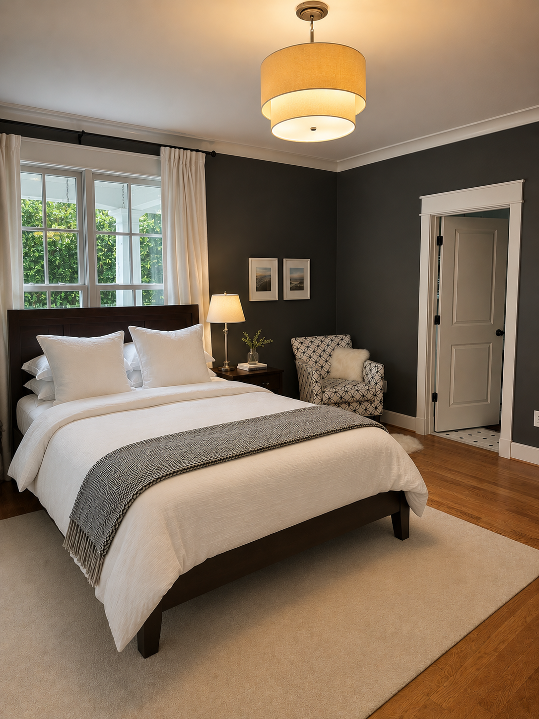 Primary bedroom suite with reading chair, ensuite bath access, and warm pendant lighting